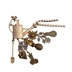 Vintage‎ Silver & Gold Watering Can Brooch Crystals & Charms